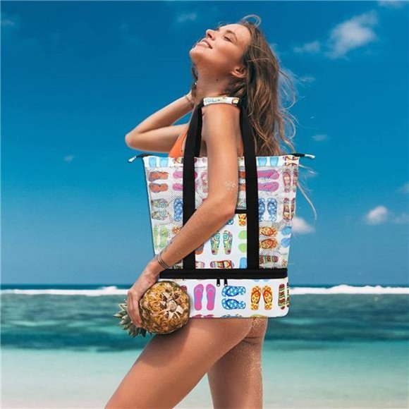 MESH Beach Tote Bag with Cooler Insulated Detachable Pool Bags White - Picture 5 of 6